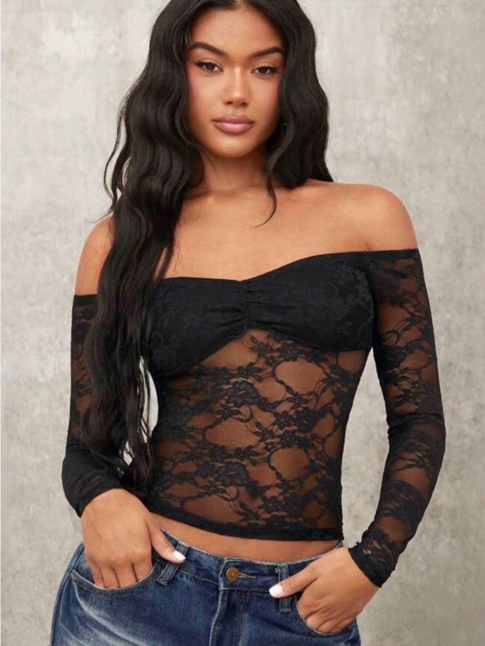 Source Unknown Black Off-Shoulder Sheer Lace Long Sleeve Top